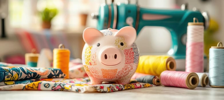 Piggy bank amidst vibrant fabrics, sewing machine, and thread spools, representing saving for fashion projects or sewing hobbies. the bright, colorful background highlights a creative and inspirational sewing room environment.