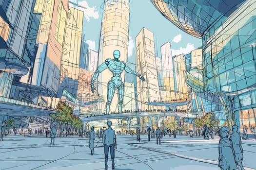 Explore a vibrant and imaginative urban setting showcasing a colossal robot sculpture surrounded by sleek skyscrapers and a lively crowd, blending technology and art.