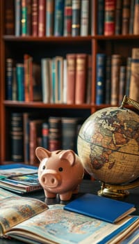 Piggy bank next to a globe, passport, and scattered travel brochures symbolizes saving for global travel. set against a study backdrop filled with books and maps, this image evokes themes of wanderlust and smart financial planning.