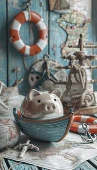 Piggy bank in a boat surrounded by nautical maps, anchors, and life vests, symbolizing saving for maritime adventures. the serene lakeside background enhances themes of exploration, travel, and financial planning in a coastal setting.