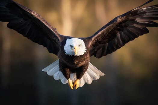 A large eagle is flying in the sky with its wings spread wide. The bird has a fierce look on its face, and its body is black and white. Concept of freedom and power