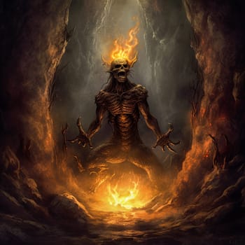 A man with a skull on his head and a fire in his mouth. He is surrounded by fire and rocks