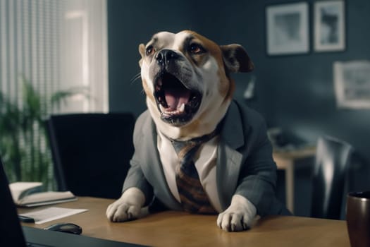 A dog is wearing a suit and tie and is standing in front of a desk. The dog appears to be in a professional setting, possibly at a job interview or a business meeting. The scene is humorous