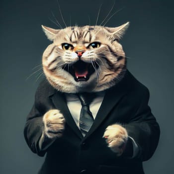 A cat wearing a suit and tie is shown with its mouth open, as if it is yelling. The image has a humorous and playful mood, as it is not a typical scene of a cat wearing a suit and tie