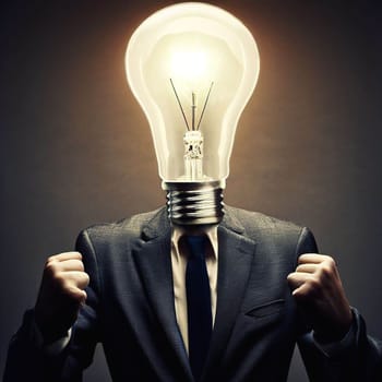 A man is wearing a suit and tie with a light bulb on his head. Concept of innovation and creativity, as the light bulb represents an idea or a new concept. The man's confident posture