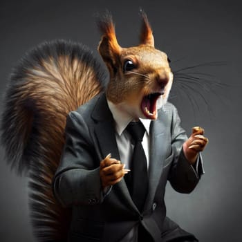 A squirrel wearing a suit and tie is making a face and yelling. The image is a creative and humorous take on the typical image of a squirrel