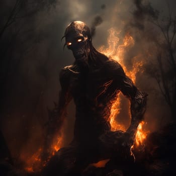 A man with glowing red eyes stands in front of a fire. The fire is orange and yellow, and it seems to be growing larger. The man is a monster or a creature from another world