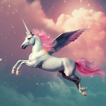 A unicorn with pink hair and wings is flying through the sky. The image has a whimsical and magical feel to it, with the unicorn being the main focus of the scene