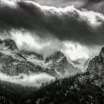 A mountain range covered in snow and clouds. The sky is dark and gloomy, and the mountains are shrouded in mist. The scene is serene and peaceful, but also somewhat ominous