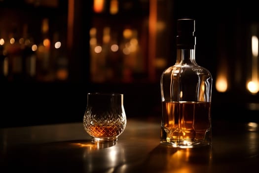 A bottle of liquor sits on a table next to a glass. The bottle is full and the glass is half full. The scene is dimly lit, creating a moody atmosphere