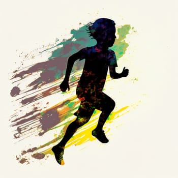 A young boy is running through a colorful splash of paint. The splatters of paint create a sense of movement and energy, while the boy's silhouette emphasizes his speed and determination