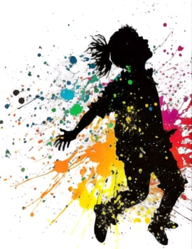 A girl is jumping in the air with her arms outstretched. The image is a colorful splatter of paint, with the girl's silhouette standing out against the background. Scene is playful and energetic