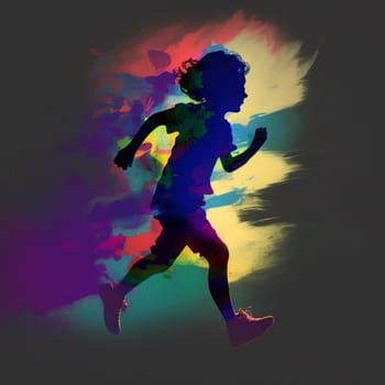 A child is running in a colorful background. Concept of energy and excitement, as the child's silhouette is the main focus and the vibrant colors of the background add to the dynamic atmosphere