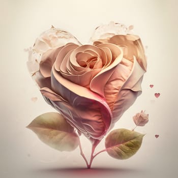A rose with a heart shape is surrounded by leaves. The rose is pink and the heart is white. Concept of love and affection
