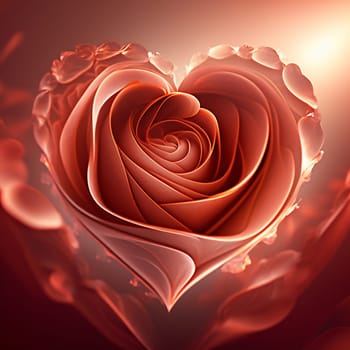 A red rose with a heart shape is the main focus of the image. The rose is surrounded by a blurry background, giving it a dreamy and romantic feel