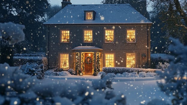Christmas tree and decorations of the old house in snowfall in winter
