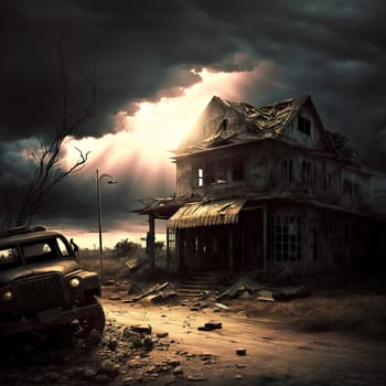 A house with a car in front of it. The car is old and rusted. The house is dilapidated and the windows are boarded up. The sky is cloudy and the sun is shining through the clouds