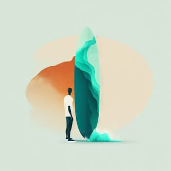 A man stands next to a surfboard, looking out to the ocean. The surfboard is green and blue, and the man is wearing a white shirt. Concept of adventure and excitement