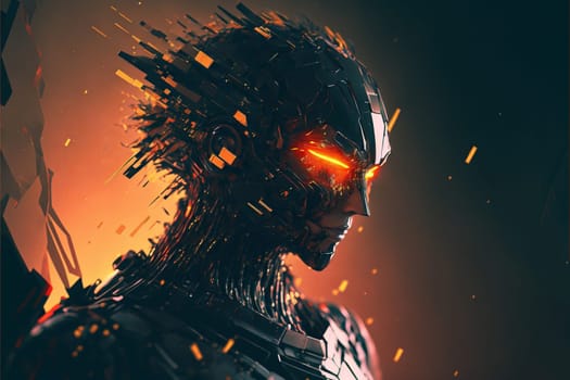 A man with a face made of metal and fire. The man's face is surrounded by sparks and flames, giving the impression of a futuristic, dystopian world. The image is a work of art, with a sense of danger