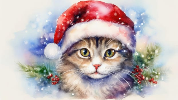 Watercolor cat portrait with a red Christmas hat in winter. Festive image of a kitten in a Santa hat with snow and trees. Postcard for Christmas and New Year holidays.