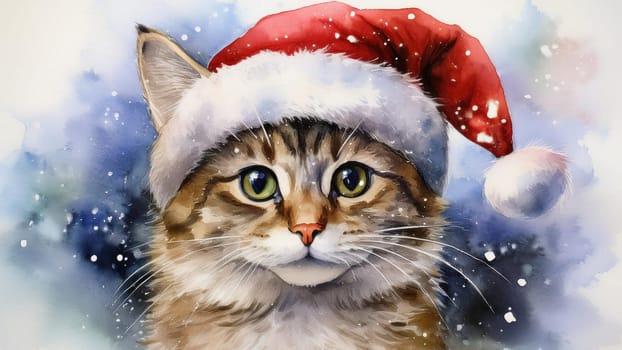 Watercolor cat portrait with a red Christmas hat in winter. Festive image of a kitten in a Santa hat with snow and trees. Postcard for Christmas and New Year holidays.