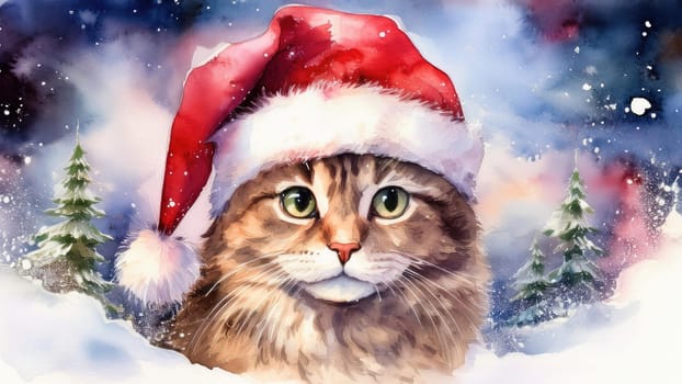 Watercolor cat portrait with a red Christmas hat in winter. Festive image of a kitten in a Santa hat with snow and trees. Postcard for Christmas and New Year holidays.