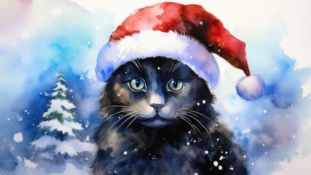 Watercolor cat portrait with a red Christmas hat in winter. Festive image of a kitten in a Santa hat with snow and trees. Postcard for Christmas and New Year holidays.