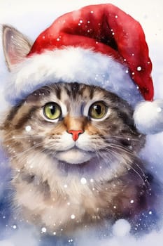 Watercolor cat portrait with a red Christmas hat in winter. Festive image of a kitten in a Santa hat with snow and trees. Postcard for Christmas and New Year holidays.