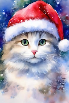 Watercolor cat portrait with a red Christmas hat in winter. Festive image of a kitten in a Santa hat with snow and trees. Postcard for Christmas and New Year holidays.