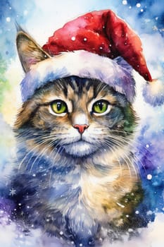 Watercolor cat portrait with a red Christmas hat in winter. Festive image of a kitten in a Santa hat with snow and trees. Postcard for Christmas and New Year holidays.