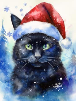 Watercolor cat portrait with a red Christmas hat in winter. Festive image of a kitten in a Santa hat with snow and trees. Postcard for Christmas and New Year holidays.