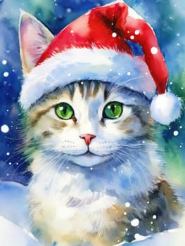 Watercolor cat portrait with a red Christmas hat in winter. Festive image of a kitten in a Santa hat with snow and trees. Postcard for Christmas and New Year holidays.