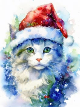 Watercolor cat portrait with a red Christmas hat in winter. Festive image of a kitten in a Santa hat with snow and trees. Postcard for Christmas and New Year holidays.