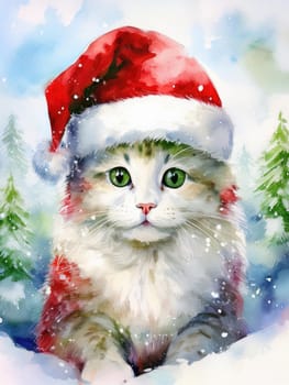 Watercolor cat portrait with a red Christmas hat in winter. Festive image of a kitten in a Santa hat with snow and trees. Postcard for Christmas and New Year holidays.