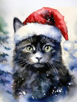 Watercolor cat portrait with a red Christmas hat in winter. Festive image of a kitten in a Santa hat with snow and trees. Postcard for Christmas and New Year holidays.