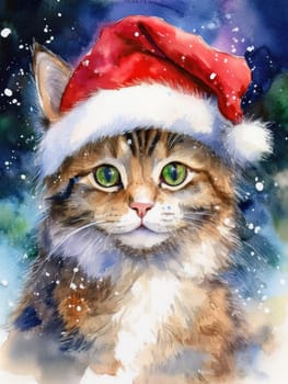 Watercolor cat portrait with a red Christmas hat in winter. Festive image of a kitten in a Santa hat with snow and trees. Postcard for Christmas and New Year holidays.