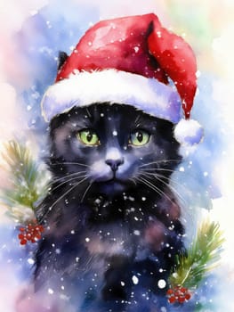 Watercolor cat portrait with a red Christmas hat in winter. Festive image of a kitten in a Santa hat with snow and trees. Postcard for Christmas and New Year holidays.