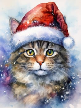 Watercolor cat portrait with a red Christmas hat in winter. Festive image of a kitten in a Santa hat with snow and trees. Postcard for Christmas and New Year holidays.