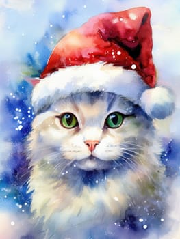 Watercolor cat portrait with a red Christmas hat in winter. Festive image of a kitten in a Santa hat with snow and trees. Postcard for Christmas and New Year holidays.