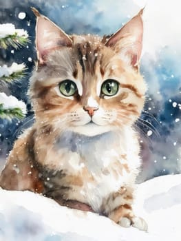 Winter watercolor postcard of a cute cat surrounded by snowflakes. Fluffy feline gazes in a wintery scene with falling snow.