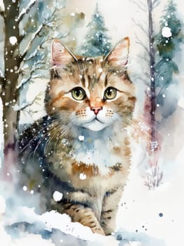 Winter watercolor postcard of a cute cat surrounded by snowflakes. Fluffy feline gazes in a wintery scene with falling snow.