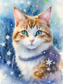 Winter watercolor postcard of a cute cat surrounded by snowflakes. Fluffy feline gazes in a wintery scene with falling snow.