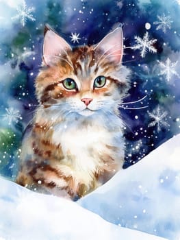 Winter watercolor postcard of a cute cat surrounded by snowflakes. Fluffy feline gazes in a wintery scene with falling snow.