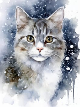Winter watercolor postcard of a cute cat surrounded by snowflakes. Fluffy feline gazes in a wintery scene with falling snow.