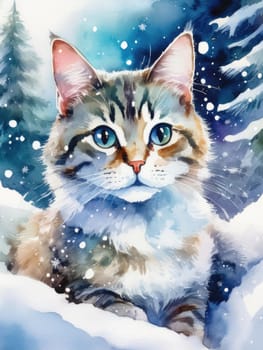 Winter watercolor postcard of a cute cat surrounded by snowflakes. Fluffy feline gazes in a wintery scene with falling snow.