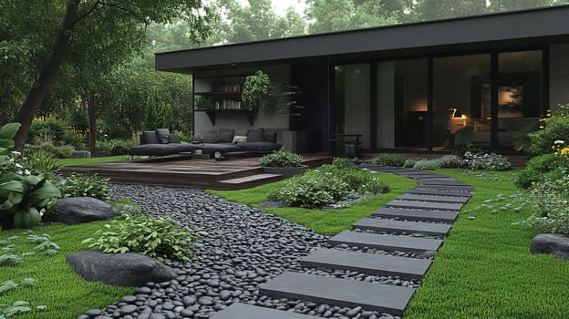 A contemporary house features large glass windows, a cozy seating area, and a beautifully landscaped garden with a stone path surrounded by lush greenery on a bright day.