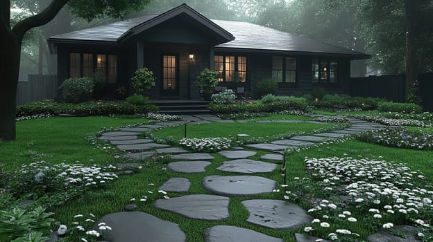 A black house with large windows stands in a beautifully landscaped garden. Stone pathways wind through vibrant green grass and blooming flowers, creating a peaceful ambiance on a foggy morning.