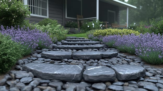 A stone pathway lined with lavender leads to a cozy house. The garden is vibrant with various plants, creating a serene and inviting atmosphere.