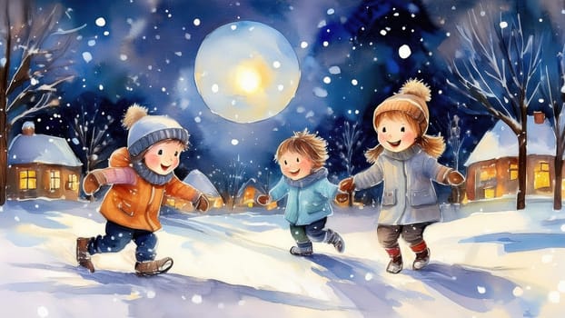 Watercolour drawing with children playing in the snow. Holiday card in retro style with New Year winter mood 
