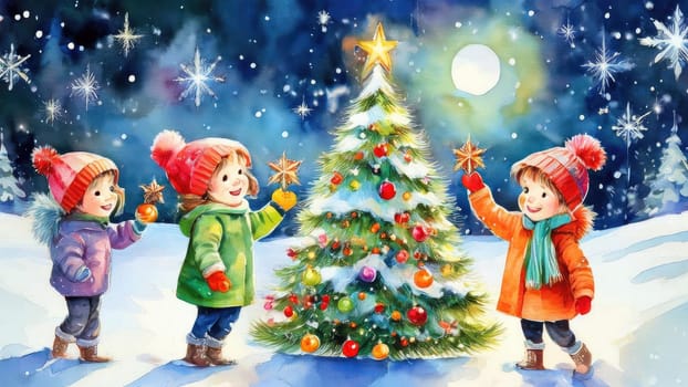 Watercolour drawing with children playing in the snow. Holiday card in retro style with New Year winter mood 